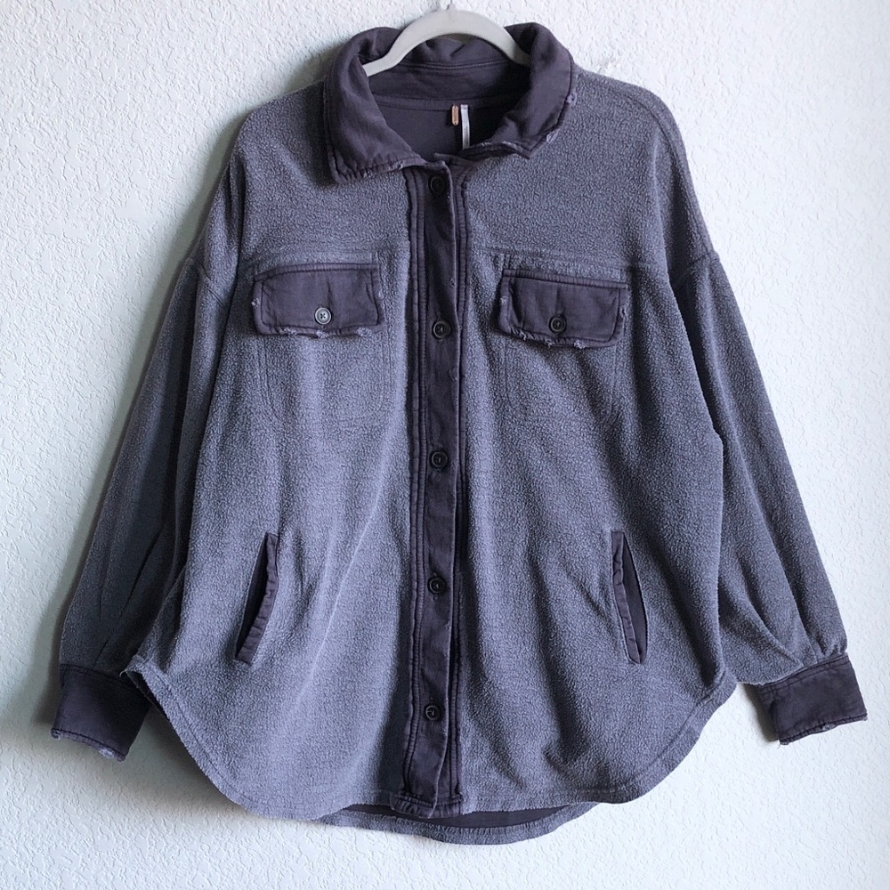 Free People Ruby Fleece Button Front Shirt Jacket Grey Purple Distressed
